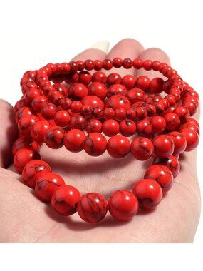 NWT Stackable Red Turquoise Howlite Beaded Bracelet Set Multi Size Strand 4pc